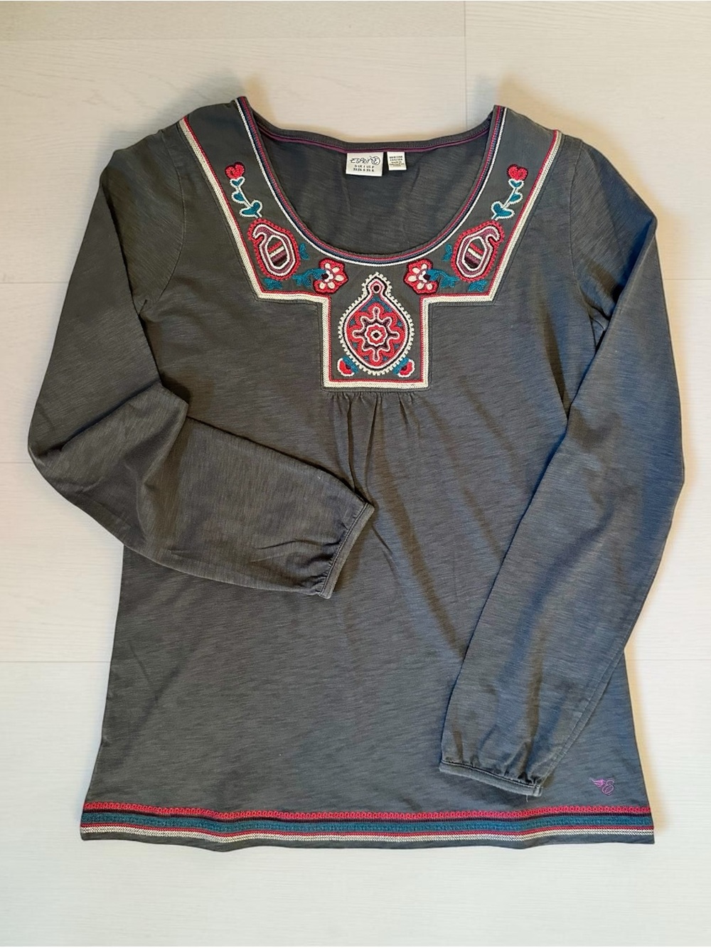 Esprit Gray Long-Sleeve Embroidered Scoop Neck Top 100% Cotton Woman Size XS